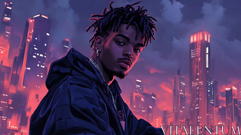 Neon-lit urban dreamer watches skyscrapers burn in dusk glow.