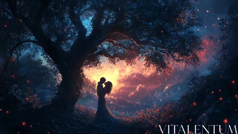 Silhouetted couple kissing under glowing trees at magical sunset