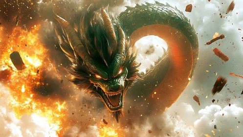 Serpentine dragon amid explosive clouds and flying debris.