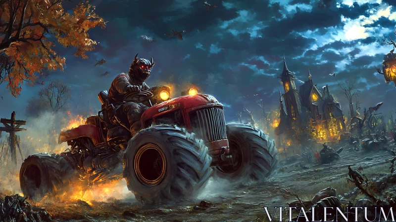 Demonic farmer on monster tractor storms haunted farmland at night.
