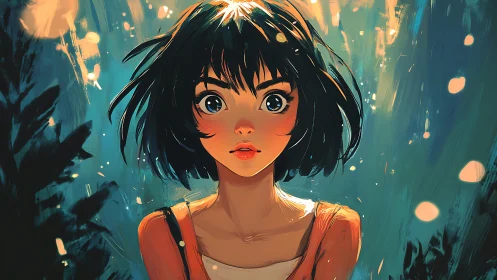 Anime portrait of wide-eyed girl in luminous brushstroke glow