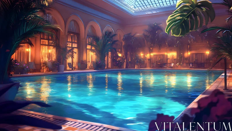 Luminous indoor pool in grand atrium with tropical foliage.