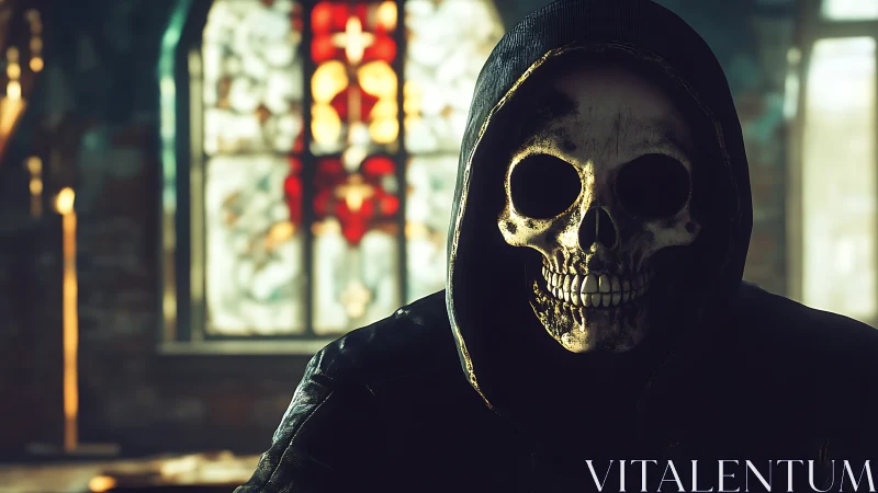 Hooded skull figure looms in stained glass lit abandoned chapel