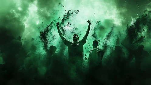 Green storm of victory lifting a jubilant football hero.
