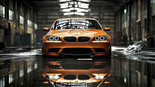 Orange BMW sports coupe reflects on wet warehouse floor