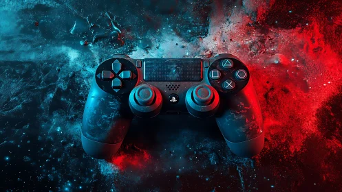 DualShock 4 controller in nebular red cyan bicolor illumination