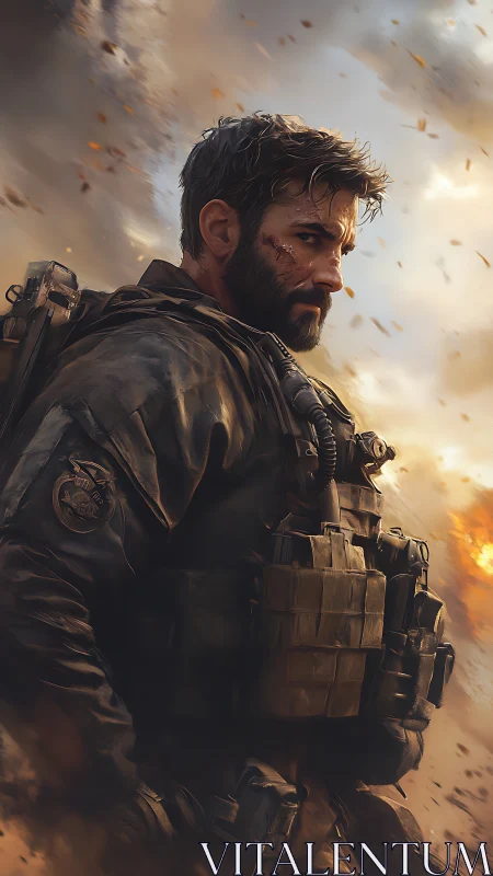 Battle-hardened operator in cinematic wartime portrait.