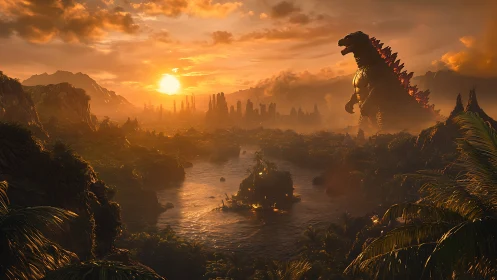 Colossal reptilian figure in tropical river valley at sunset.