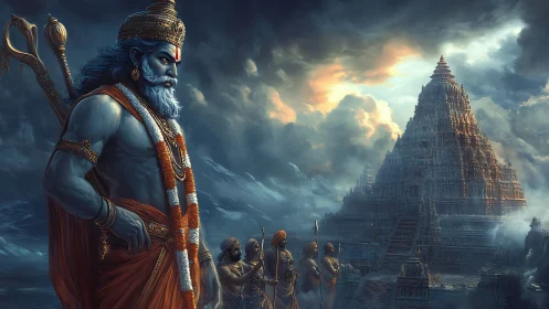 Storm-wreathed temple guard and towering blue deity sentinel.