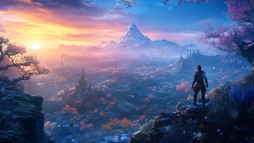 Explorer surveys vast fantasy valley under radiant sunrise