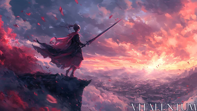 Lone warrior overlooks a burning sky above a vast kingdom