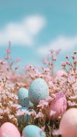 Pastel speckled Easter eggs nestled in pink spring florals.