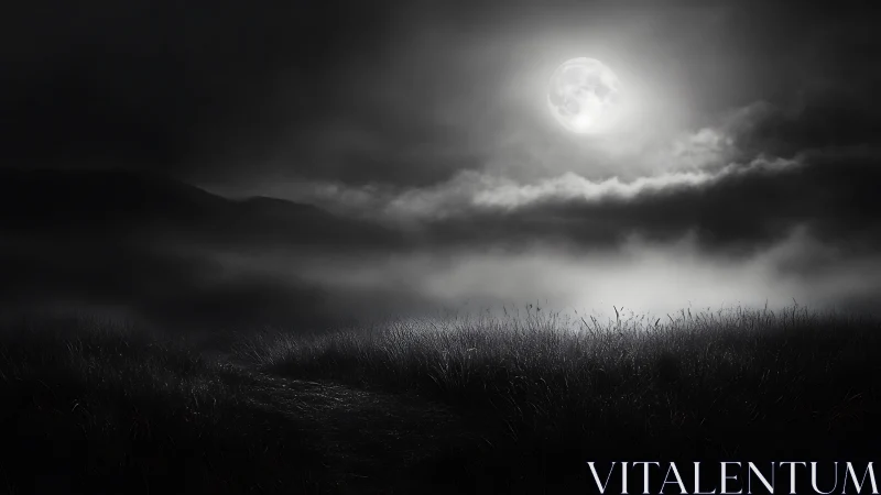 Monochrome lunar landscape with fog bank over nocturnal grassland