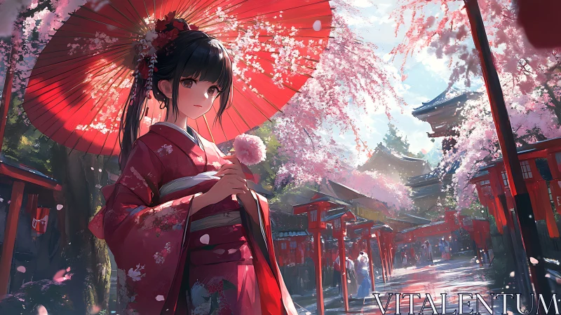 Kimono girl beneath sakura sky in sunlit shrine path.