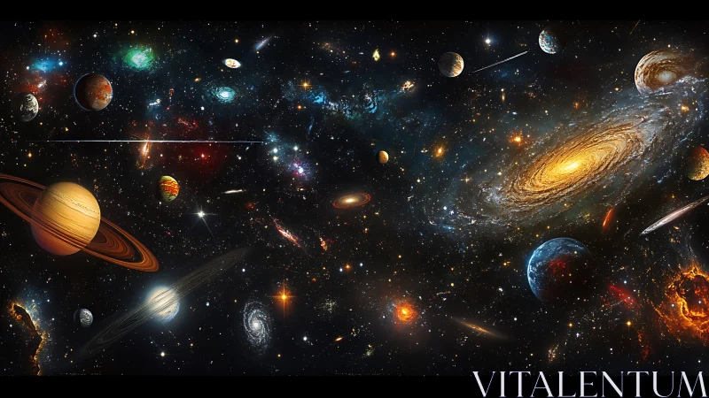 Multi-galaxy starfield with assorted planets and nebulae.