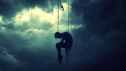 Silhouetted figure on suspended swing amid storm clouds.