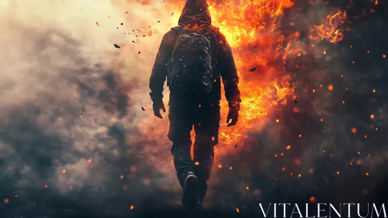 Hooded figure walks through fire and thick smoke wall.