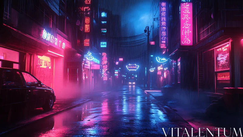 Rainy neon city street with moody cyberpunk lighting.