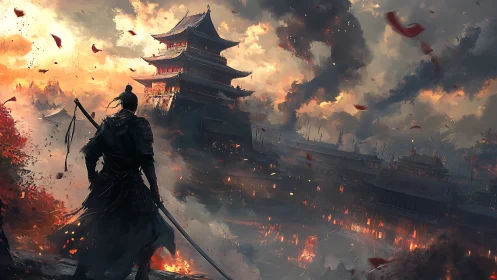 Armored figure observing burning fortress under dense smoke.