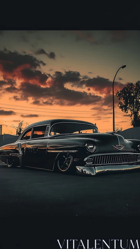 Low-slung classic sedan under dramatic orange dusk sky