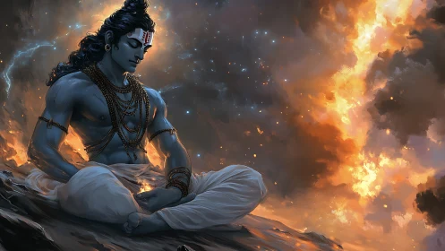 Blue-skinned meditative figure before turbulent sky scene.