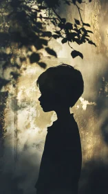 Silhouetted Child Figure Against Textured Wall with Shadow.