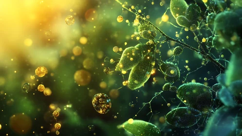 Bioluminescent dew on foliage rendered in luminous macro detail