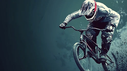 BMX rider performing aerial trick on mountain bike over textured ground