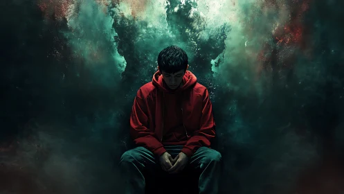 Solitary seated figure in red jacket amid dark misty void.