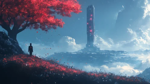 Solitary wanderer before luminous floating megastructure.