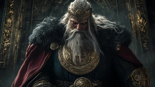 Stoic fantasy king in ornate fur cloak and crown.