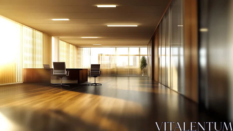 Sunlit modern office interior shows empty desks and chairs