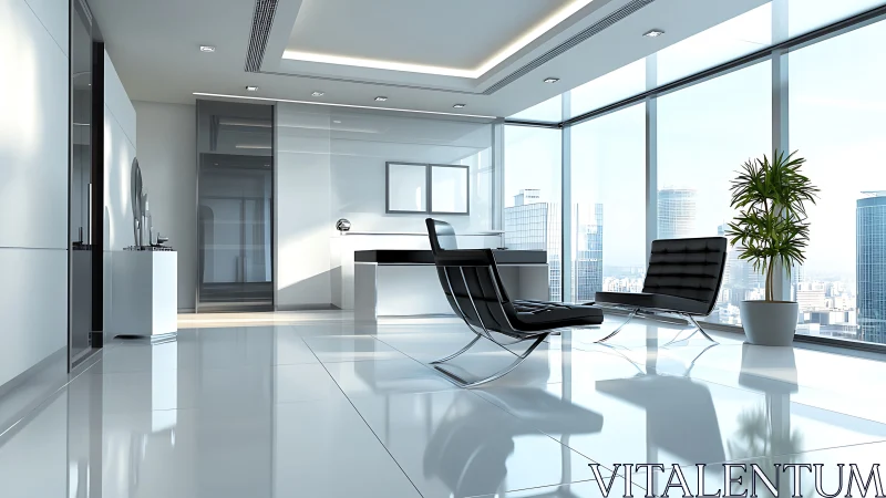Minimalist glass-walled executive office overlooks city skyline.