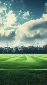 Evenly mowed football pitch under diffuse daylight and cumulus sky