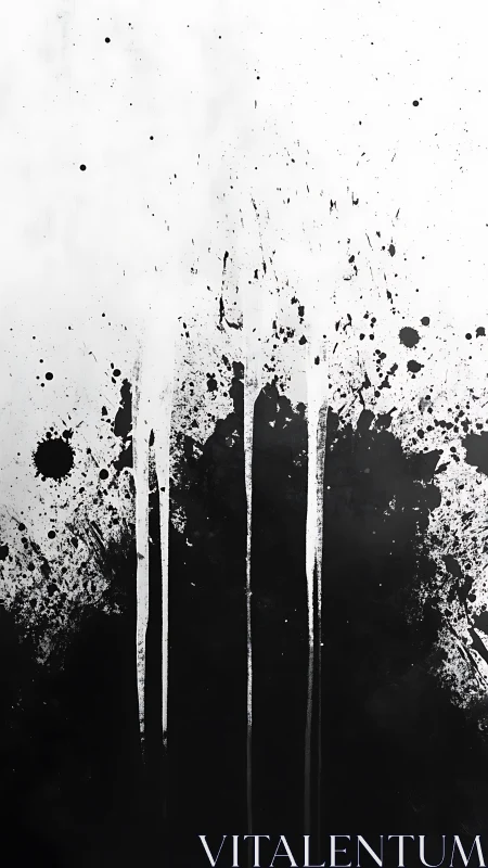 Monochrome ink splatters cascade over stark white field.