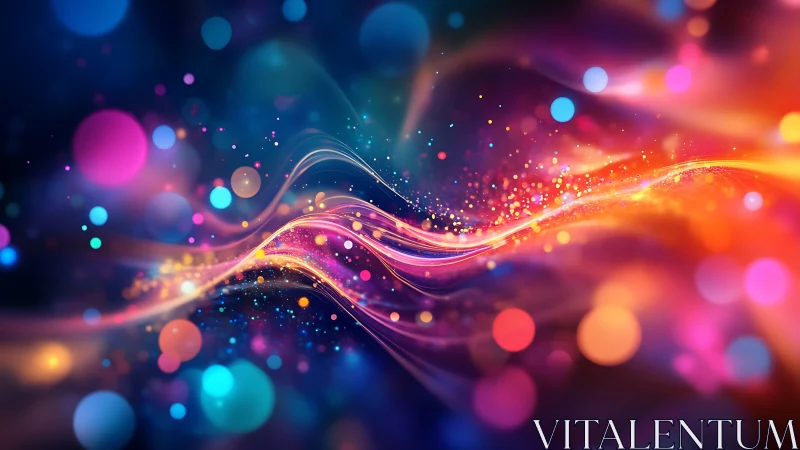 Curved light trails depict dynamic particle streams in vivid bokeh field