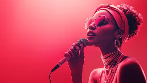 Soulful singer in neon pink spotlight performs passionately.