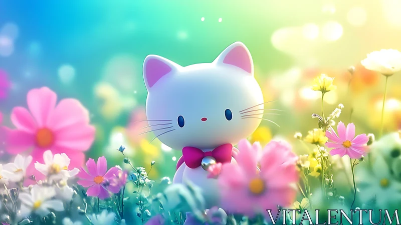 Kawaii white cat toy in dreamy pastel flower meadow.
