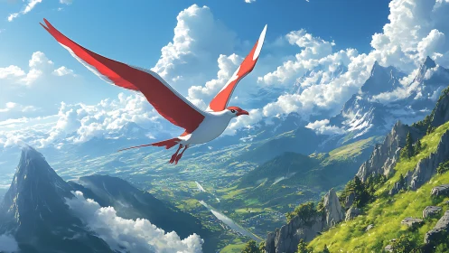 Aerodynamic crimson gull over volumetric alpine valley sky.