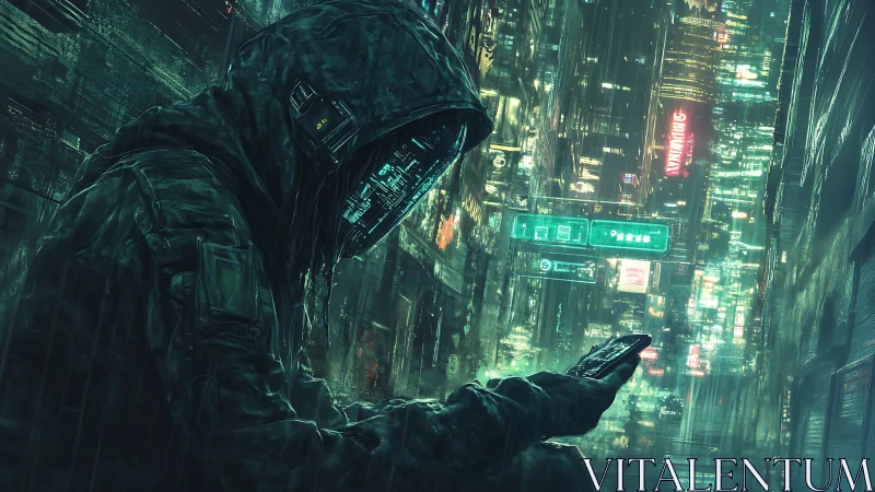 Hooded cyber wanderer exploring neon city secrets at night.