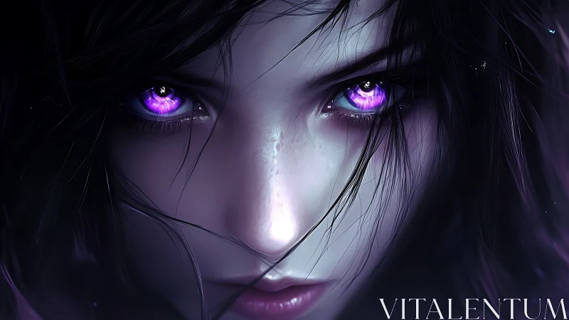 Sorceress close-up with glowing violet mystical eyes.