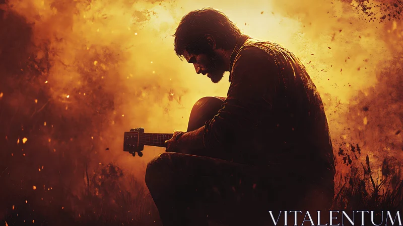 Guitarist in ember dusk, cradling songs from the ashes.