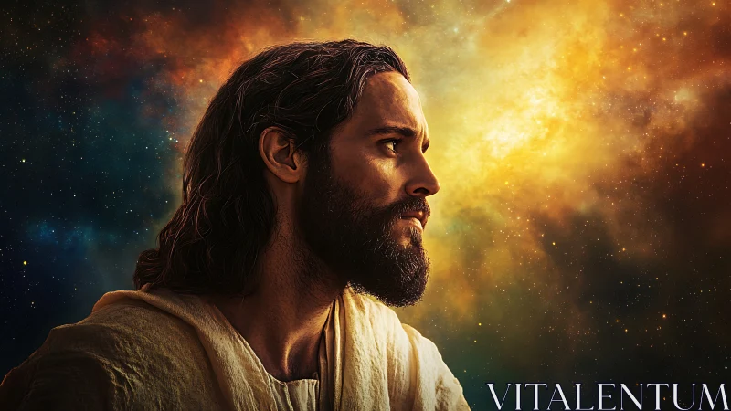 Starbright gaze stitches solemn humanity into glowing cosmos