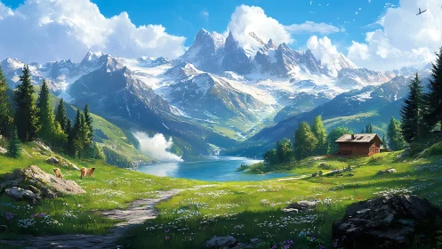 Alpine lake valley with cabin under soaring snowy peaks.