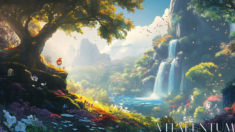 Bird overlooks luminous valley lake under cascading waterfalls