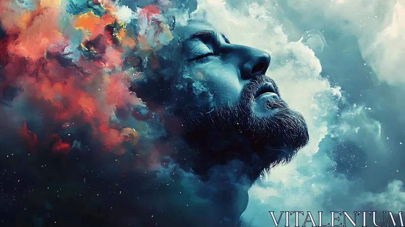 Dreamer dissolving into cosmic nebula clouds at night.