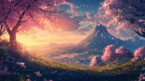 Blossom-lit valley beneath a dream-forged twilight peak.