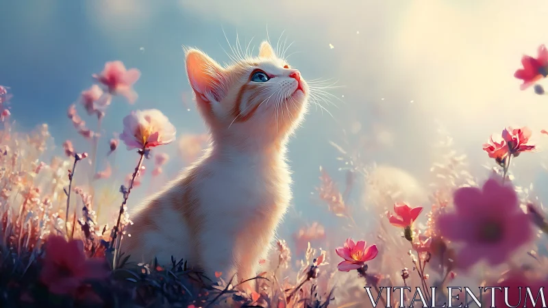 White Kitten Gazing Upward Among Pink Blooming Flowers in Dreamy Field