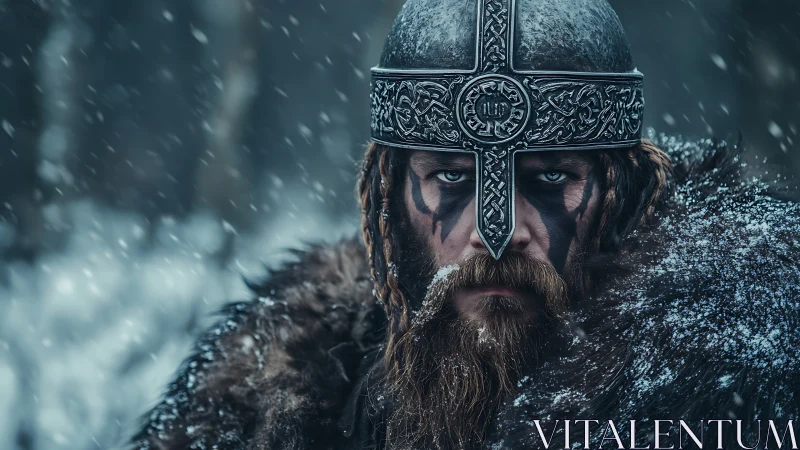 Battle-hardened Viking warrior in ornate winter helm portrait.