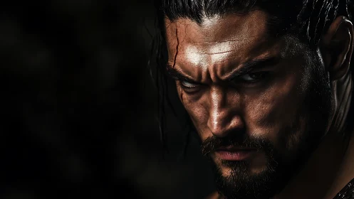 Intense male face in close-up low-key digital portrait.